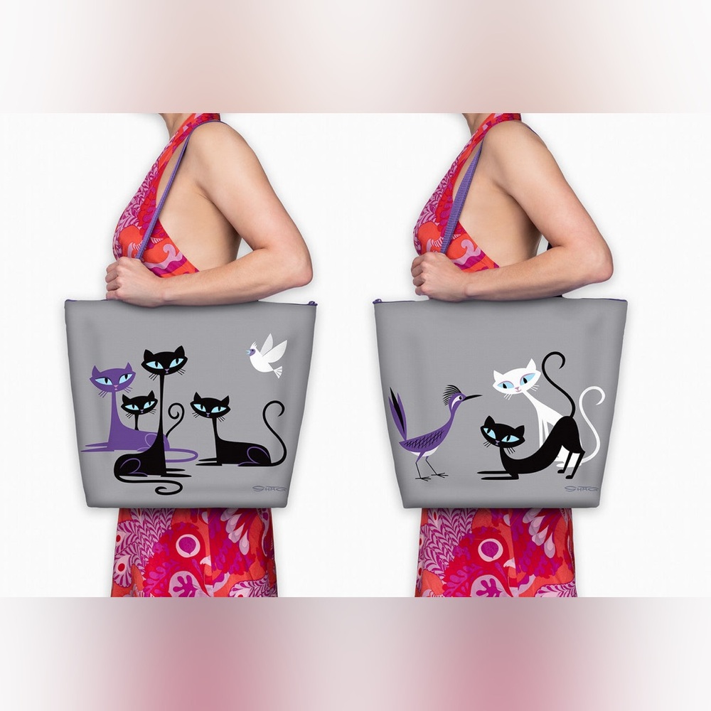 New Shag Tote Bag Shopping Zippered Colorful 18”x 15”.
Cautious Cats Josh Agle